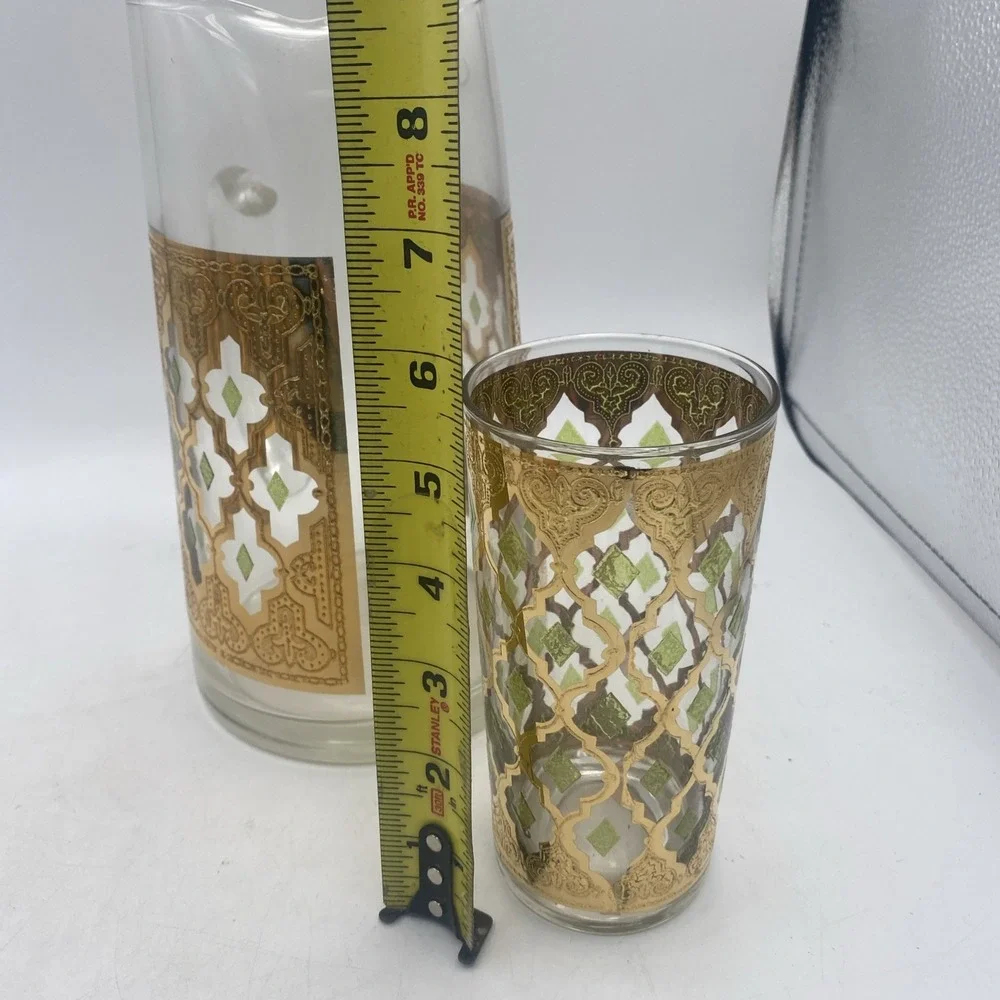 VTG MCM Culver Valencia  22k Gold Tumblers 5 Pc Glasses & Pitcher Barware Set